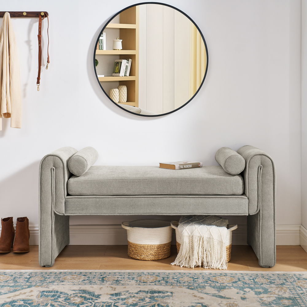 Mid-Century Modern Ottoman Bench with Linen Fabric - Premium Storage Bench for Bedroom Living Room Entryway Dining Room  Contemporary Accent Furniture​