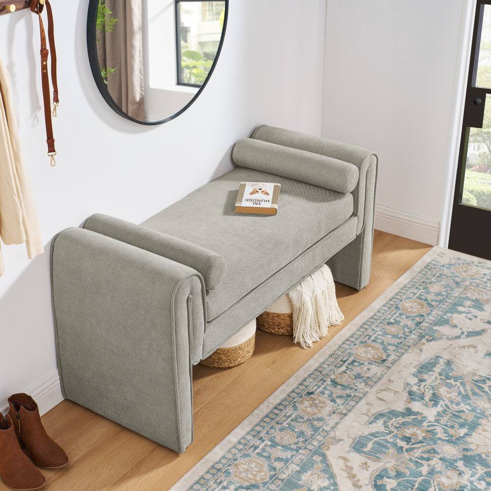 Mid-Century Modern Ottoman Bench with Linen Fabric - Premium Storage Bench for Bedroom Living Room Entryway Dining Room  Contemporary Accent Furniture​