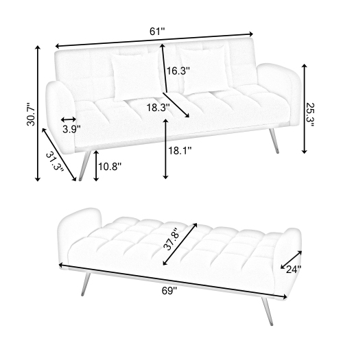 69 ''Convertible Loveseat Sleeper Sofa Bed,Comfy Loveseat Recliner Chair,Adjustable Sleeper Couch with Plush Teddy Fabric with Golden  Legs for Small Spaces, Living Room & Bedroom