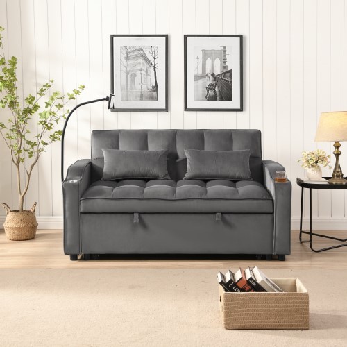 3 in 1 Convertible Sleeper Sofa Bed，Modern Velvet Loveseat Futon Sofa Couch Pull-out Bed,Lounge Sofa with adjustable Reclining Backrest,Toss Pillows, Pockets,Furniture for Living Room