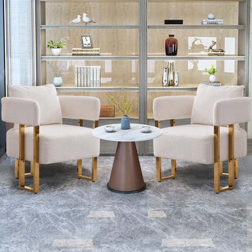 Modern Upholstered Chair Set of 2 Decorative Chair, Armchair Living Room Side Chair , Accent Chair Deep Seat Sofa Chair with Curved Backrest Golden Legs for Dressing Area, Reception Room, Office