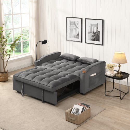 3 in 1 Convertible Sleeper Sofa Bed，Modern Velvet Loveseat Futon Sofa Couch Pull-out Bed,Lounge Sofa with adjustable Reclining Backrest,Toss Pillows, Pockets,Furniture for Living Room