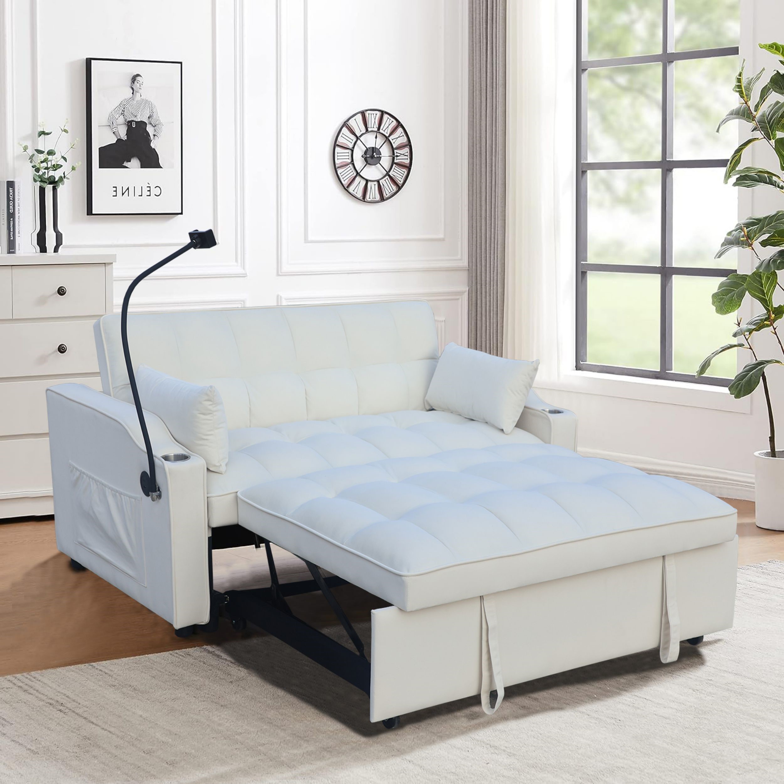 3 in 1 Convertible Sleeper Sofa Bed，Modern Velvet Loveseat Futon Sofa Couch Pull-out Bed,Lounge Sofa with adjustable Reclining Backrest,Toss Pillows, Pockets,Furniture for Living Room