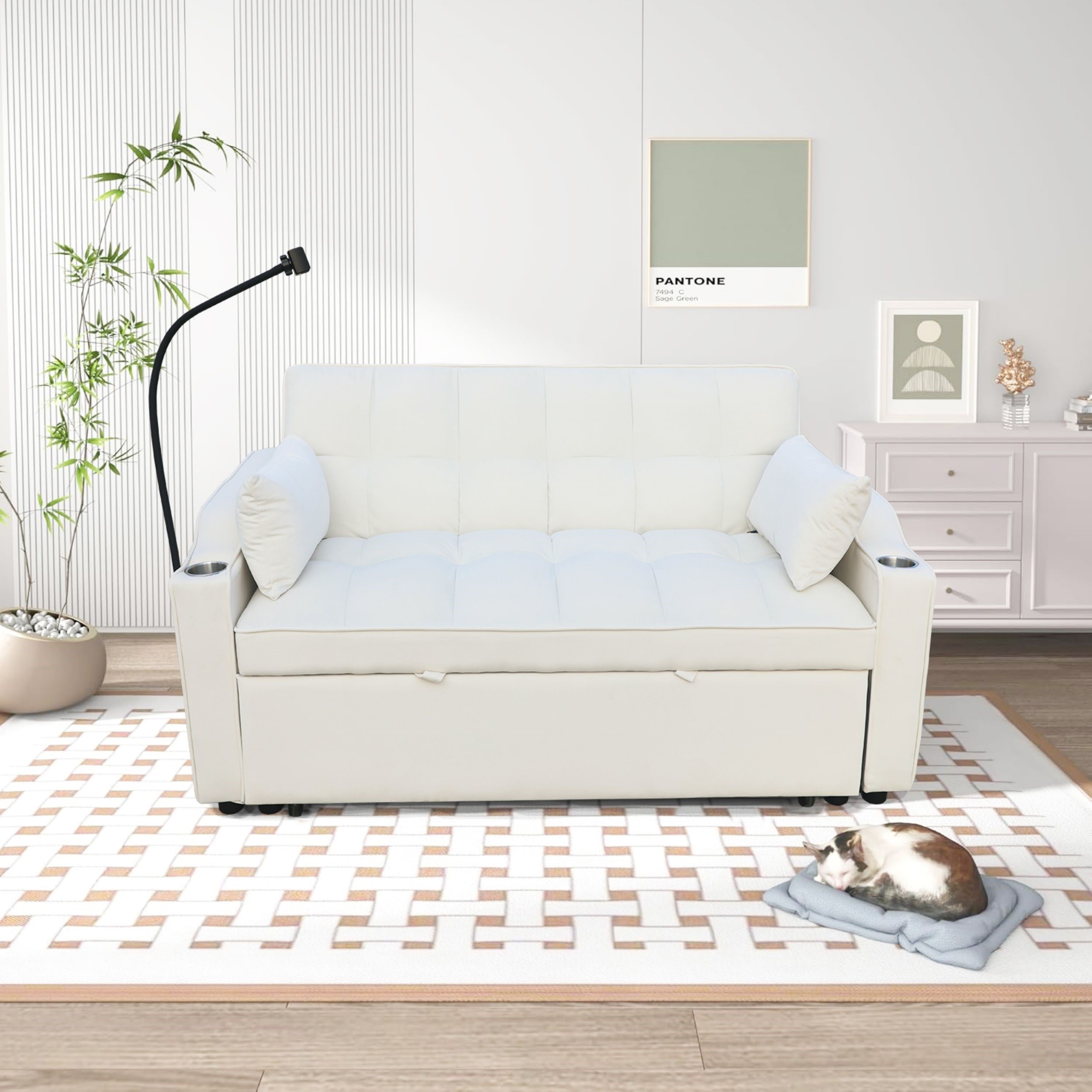 3 in 1 Convertible Sleeper Sofa Bed，Modern Velvet Loveseat Futon Sofa Couch Pull-out Bed,Lounge Sofa with adjustable Reclining Backrest,Toss Pillows, Pockets,Furniture for Living Room
