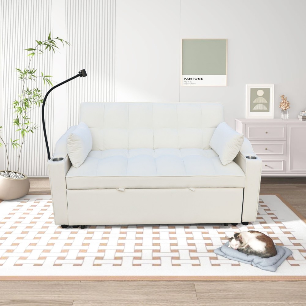 3 in 1 Convertible Sleeper Sofa Bed，Modern Velvet Loveseat Futon Sofa Couch Pull-out Bed,Lounge Sofa with adjustable Reclining Backrest,Toss Pillows, Pockets,Furniture for Living Room