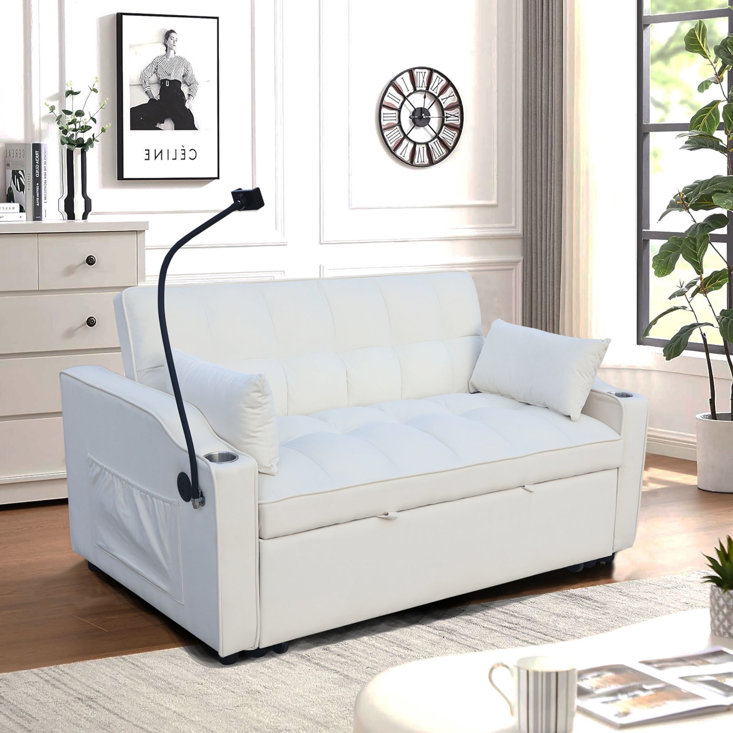 3 in 1 Convertible Sleeper Sofa Bed，Modern Velvet Loveseat Futon Sofa Couch Pull-out Bed,Lounge Sofa with adjustable Reclining Backrest,Toss Pillows, Pockets,Furniture for Living Room