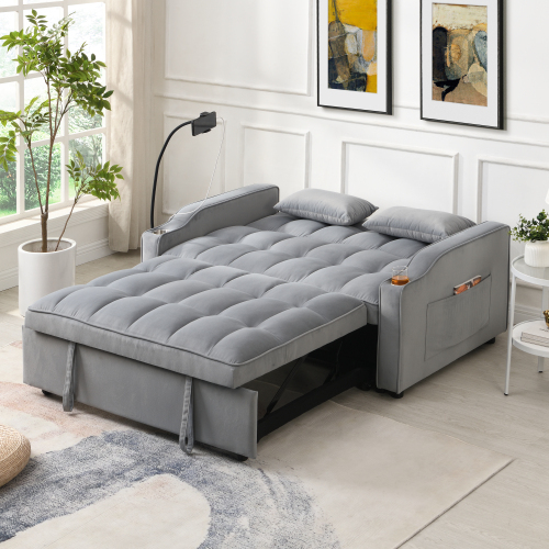 3 in 1 Convertible Sleeper Sofa Bed，Modern Velvet Loveseat Futon Sofa Couch Pull-out Bed,Lounge Sofa with adjustable Reclining Backrest,Toss Pillows, Pockets,Furniture for Living Room