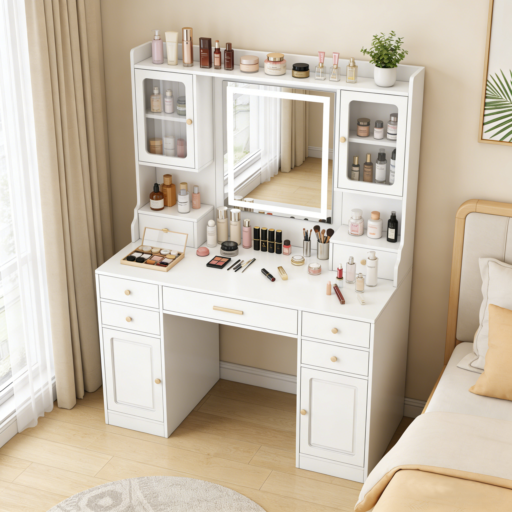 Large Vanity Desk Set Makeup Vanity Dressing Table 6 Drawers & 2 Cabinets Shelves Dresser Desk  with Mirror Warm Light  for Women & Girls Bedroom