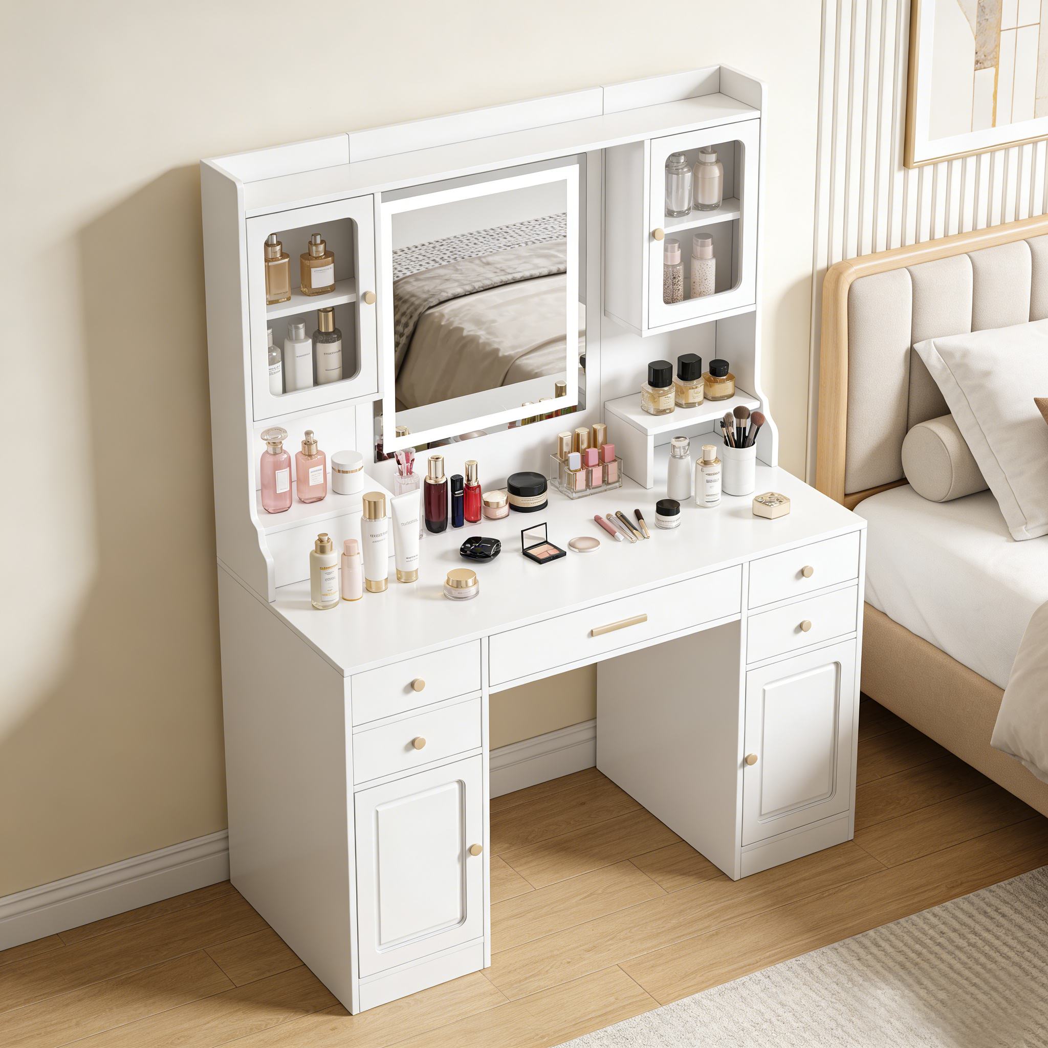 Large Vanity Desk Set Makeup Vanity Dressing Table 6 Drawers & 2 Cabinets Shelves Dresser Desk  with Mirror Warm Light  for Women & Girls Bedroom