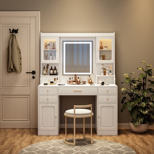 Large Vanity Desk Set Makeup Vanity Dressing Table 6 Drawers & 2 Cabinets Shelves Dresser Desk  with Mirror Warm Light  for Women & Girls Bedroom