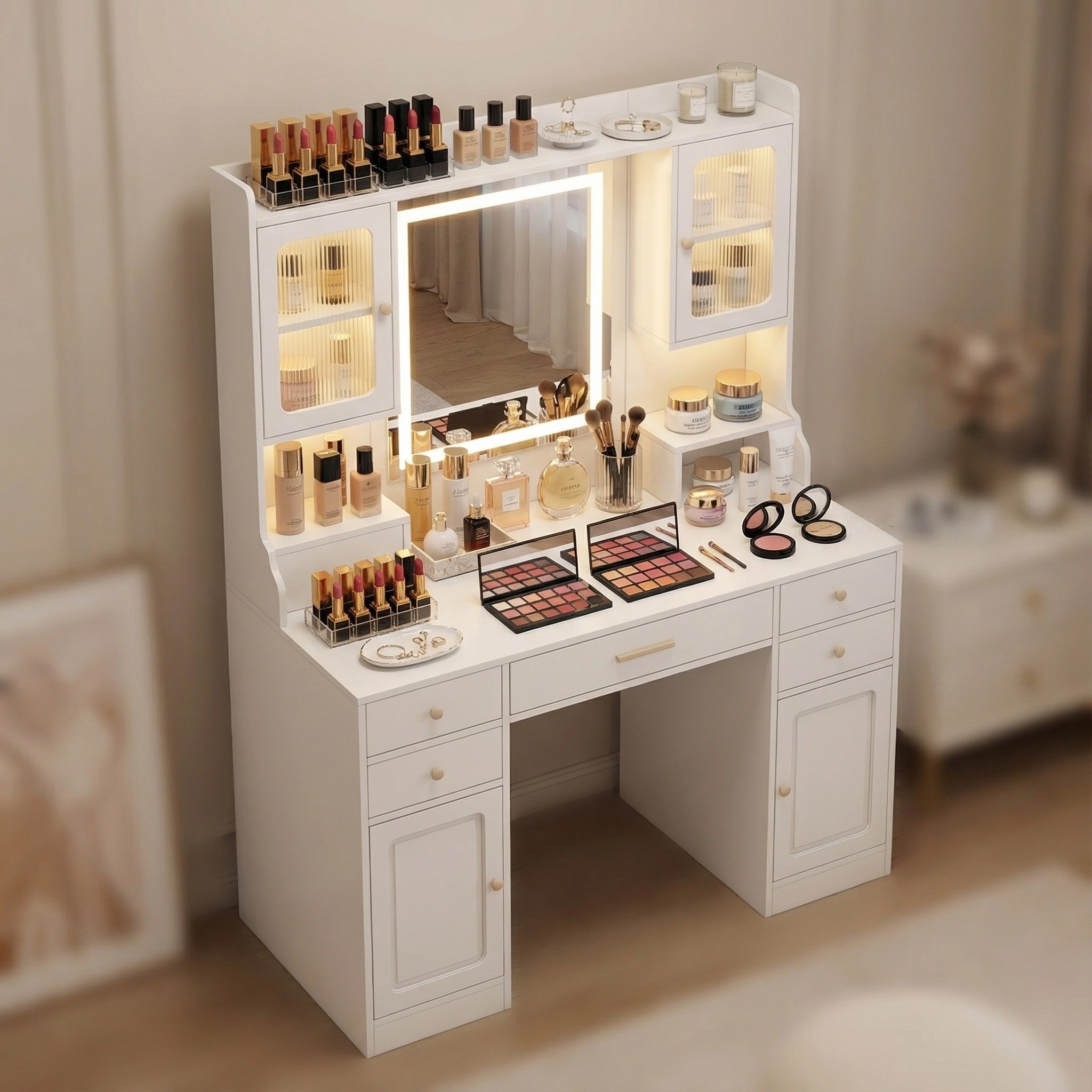 Large Vanity Desk Set Makeup Vanity Dressing Table 6 Drawers & 2 Cabinets Shelves Dresser Desk  with Mirror Warm Light  for Women & Girls Bedroom