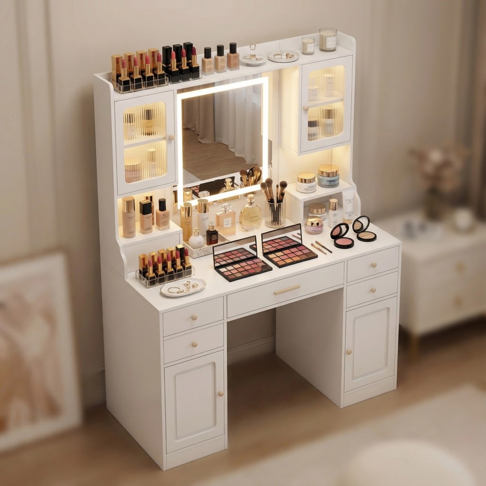Large Vanity Desk Set Makeup Vanity Dressing Table 6 Drawers & 2 Cabinets Shelves Dresser Desk  with Mirror Warm Light  for Women & Girls Bedroom