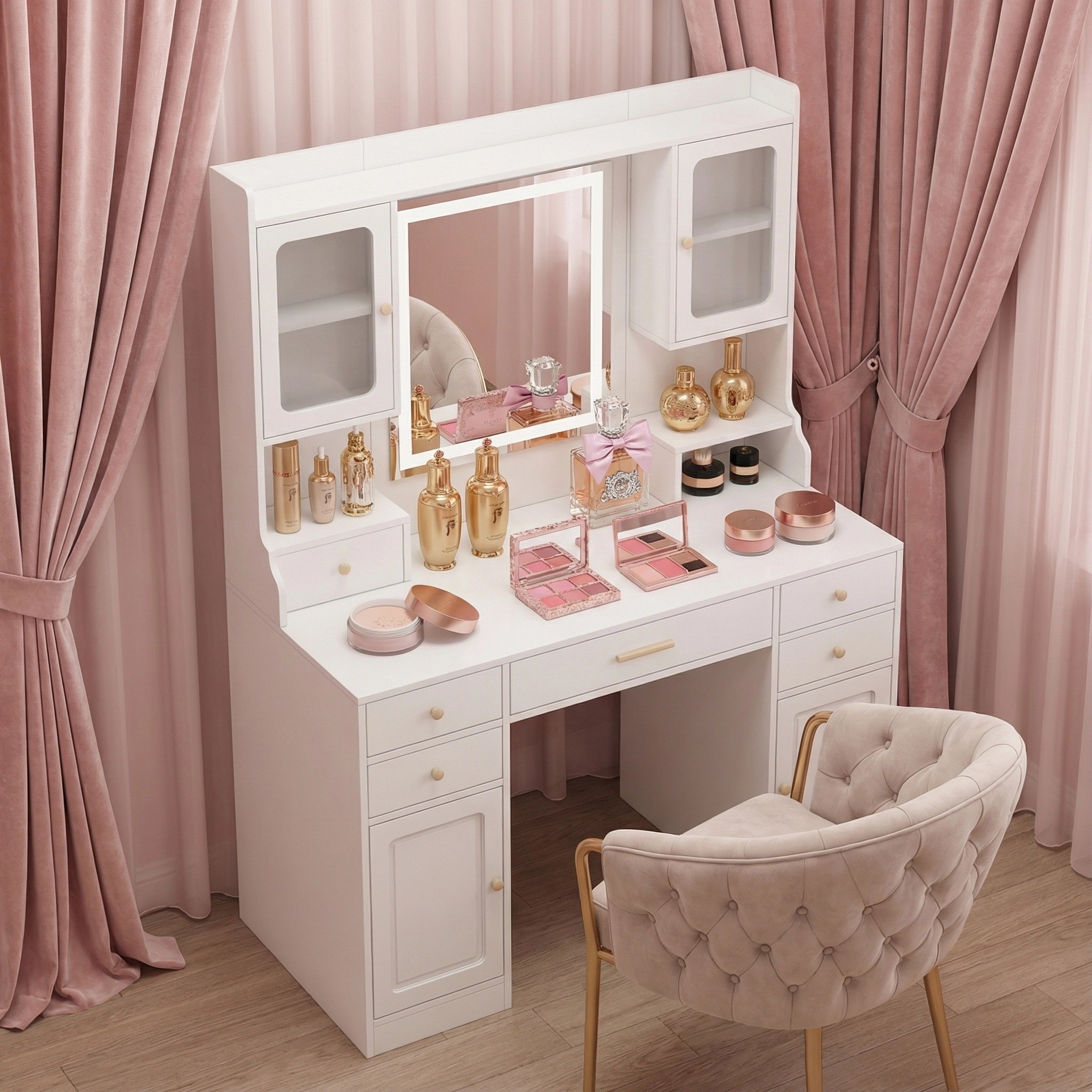 Large Vanity Desk Set Makeup Vanity Dressing Table 6 Drawers & 2 Cabinets Shelves Dresser Desk  with Mirror Warm Light  for Women & Girls Bedroom