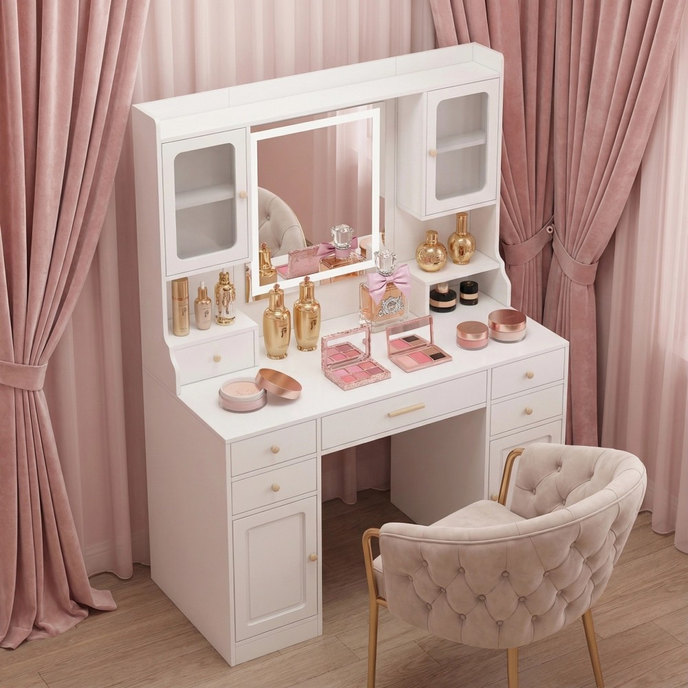 Large Vanity Desk Set Makeup Vanity Dressing Table 6 Drawers & 2 Cabinets Shelves Dresser Desk  with Mirror Warm Light  for Women & Girls Bedroom