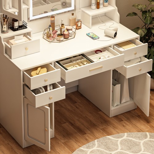 Large Vanity Desk Set Makeup Vanity Dressing Table 6 Drawers & 2 Cabinets Shelves Dresser Desk  with Mirror Warm Light  for Women & Girls Bedroom