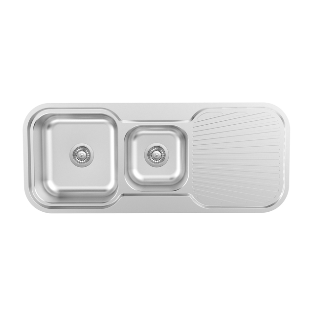 Kitchen double bowl sink with drainboard