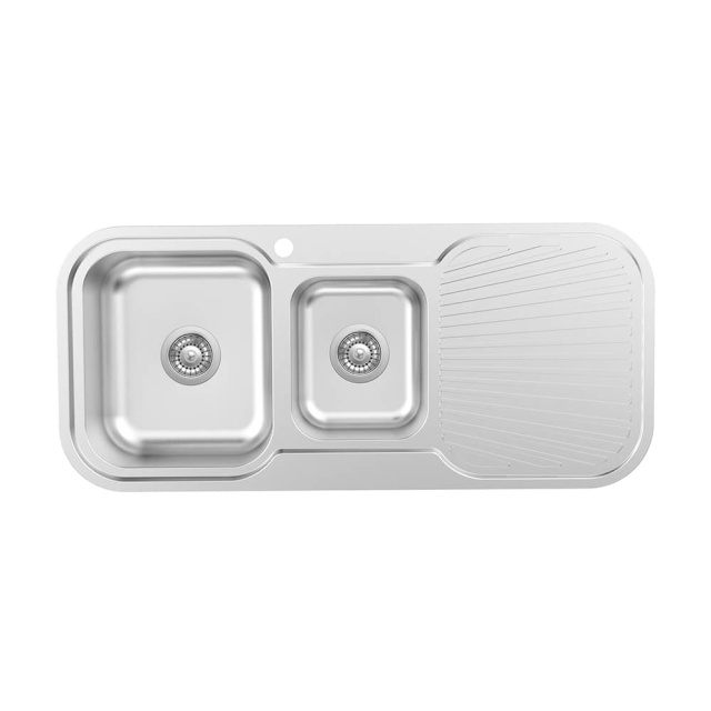 Kitchen double bowl sink with drainboard