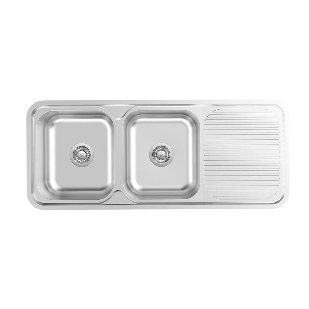Kitchen double bowl sink with drainboard