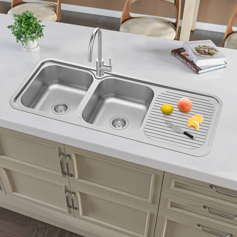 Kitchen double bowl sink with drainboard