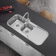 Kitchen double bowl sink with drainboard