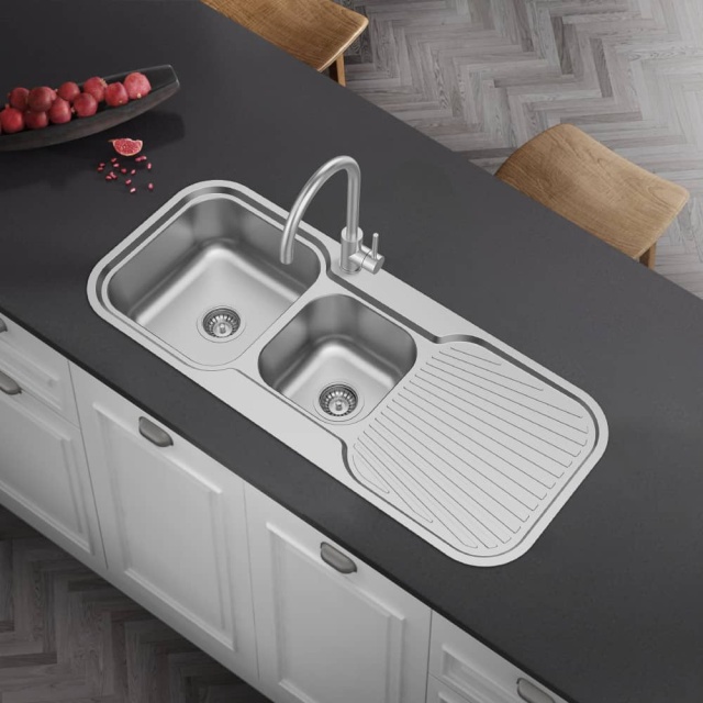Kitchen double bowl sink with drainboard