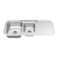 Kitchen double bowl sink with drainboard