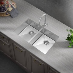 Kitchen double bowl sink with overflow hole