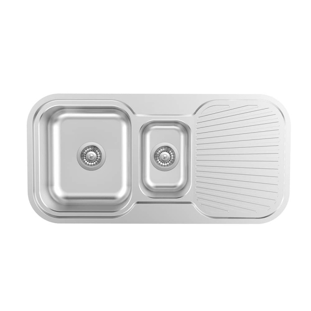 Kitchen double bowl sink with drainboard