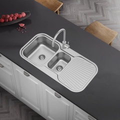 Kitchen double bowl sink with drainboard