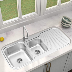 Kitchen double bowl sink with drainboard