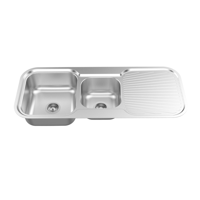 Kitchen double bowl sink with drainboard