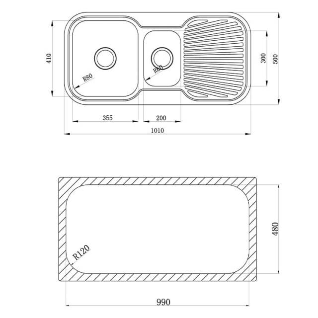 Kitchen double bowl sink with drainboard