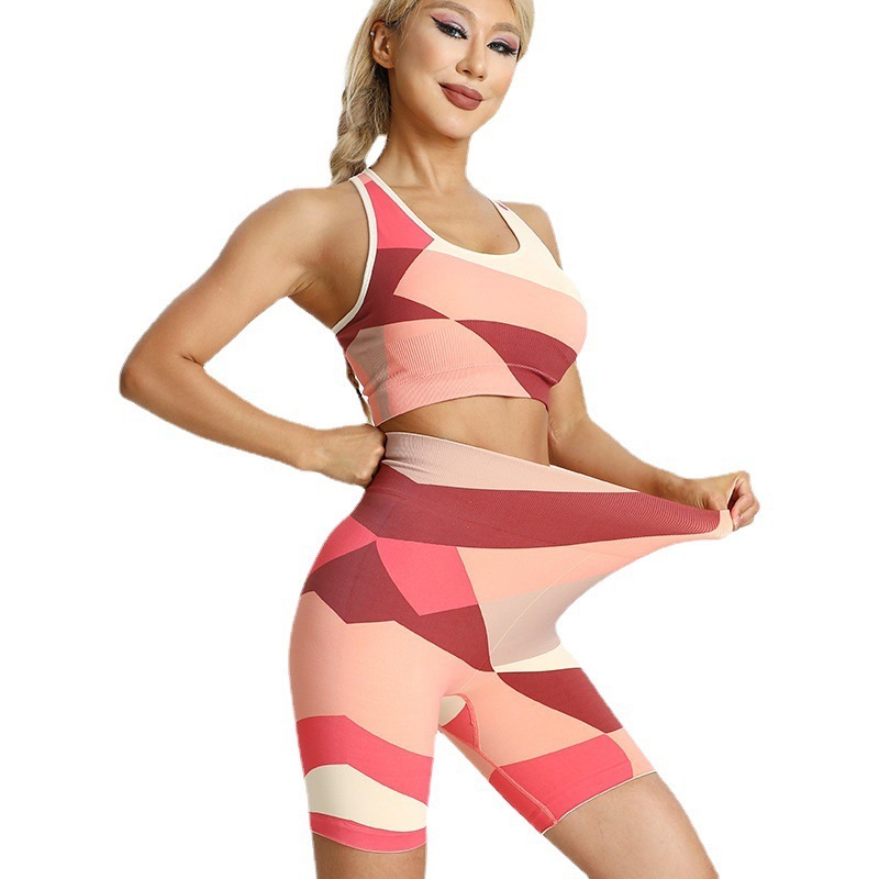 Cross-border new European and American suits, high-elastic butt-lifting running fitness clothes, tight-fitting stitching, contrasting color yoga clothes, women's printed suits