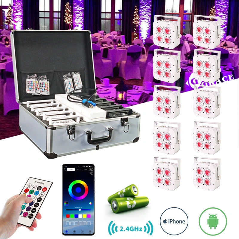 Igracelite 4*18w 5000mAh wireless app control battery LED uplights with flight case