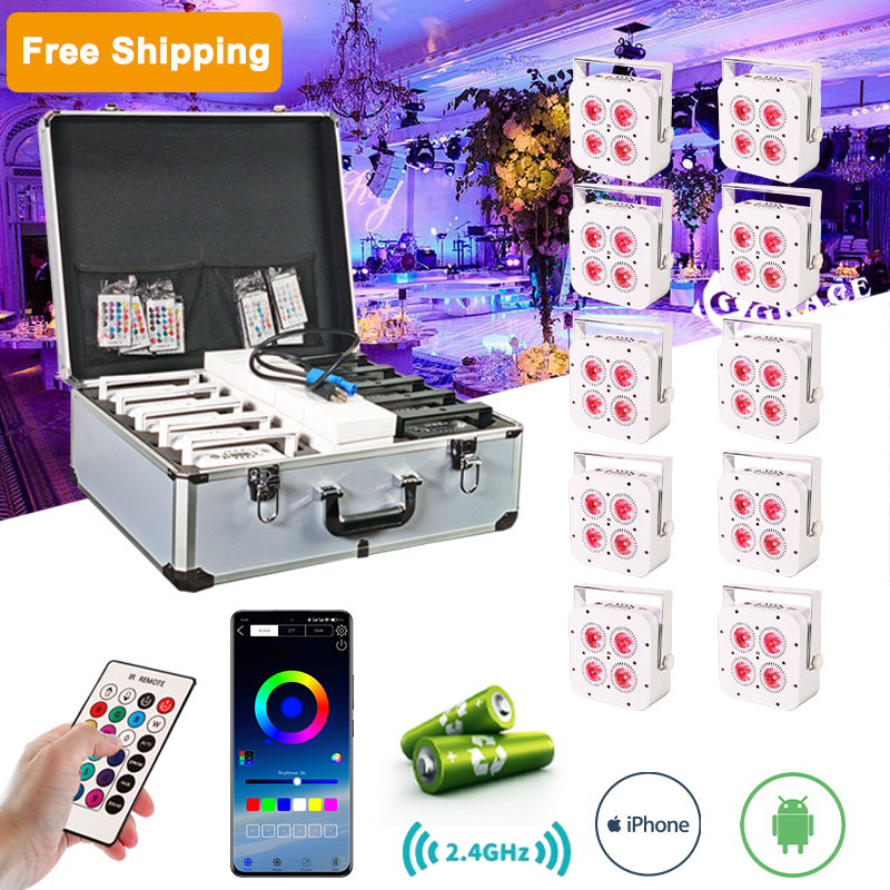 Free shipping 4*18w 5000mAh battery LED uplights wireless app control for party wedding event with flight case