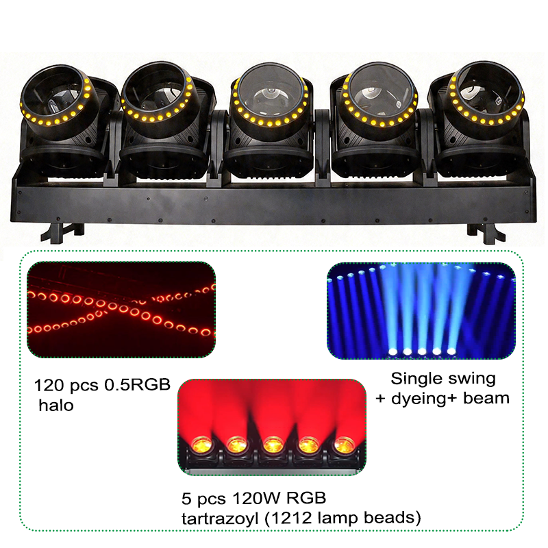 Igracelite 800W 5x120W LED Moving Head Light RGB Lemon Yellow Linear Beam Wash with 120 RGB Halo Ring Effect DMX512 RDM Professional Stage Lighting for DJ Disco Event Club Concert