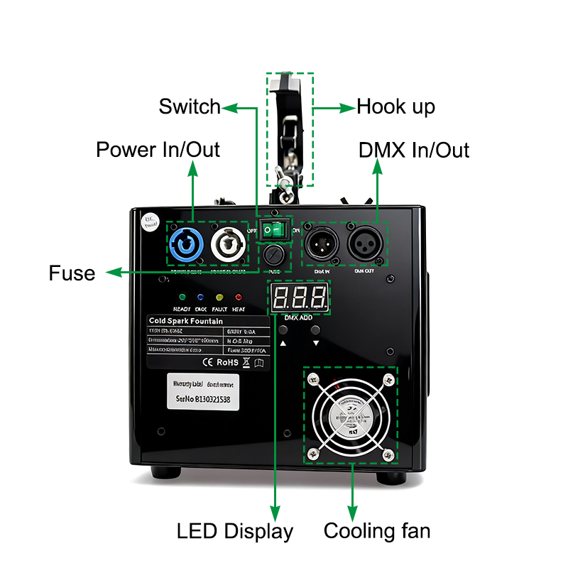 Igracelite 650W Waterfall Cold Spark Machine, Downward Spraying Sparkular for Stage Events, DMX & Remote Control, 1-5M Adjustable Height, Fireworks Water Curtain Effect with Safety Indicator & Aluminum Shell