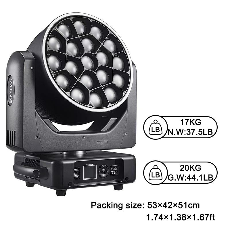 Igracelite K15 Bee Eye 19x40W RGBW 4-in-1 Zoom LED Moving Head Stage Light with Colorful Beam, LED Halo Ring for Dynamic Stage Lighting