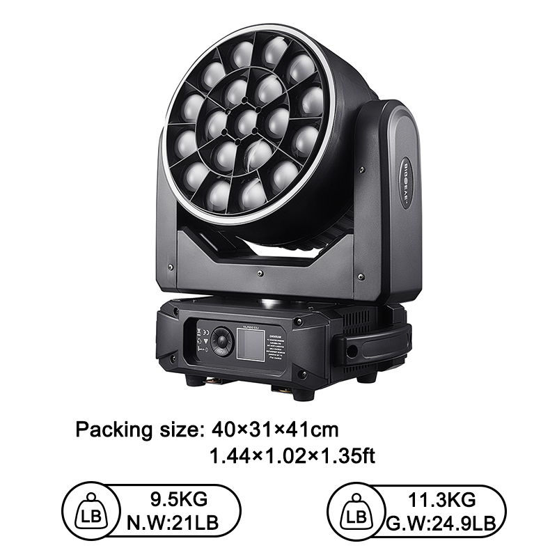 Igracelite LED Moving Head 19x25W RGBW 4-in-1 Bee Eye & Wash Zoom Stage Light with Pixel Control, Halo Ring, Linear Zoom, DMX512, RDM, Artnet for DJ, Concert, Theater and Event Lighting