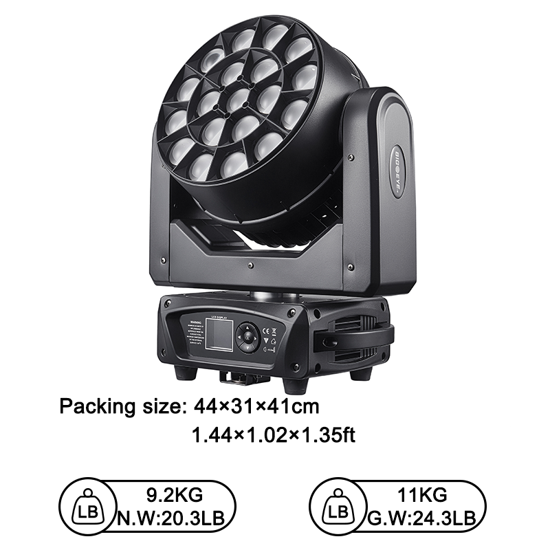 Igracelite 400W Bee Eye LED Moving Head Light 19x15W RGBW 4in1 Pixel Control Zoom Wash Beam Stage Lighting with Vortex Effects for DJ Club Event Performance