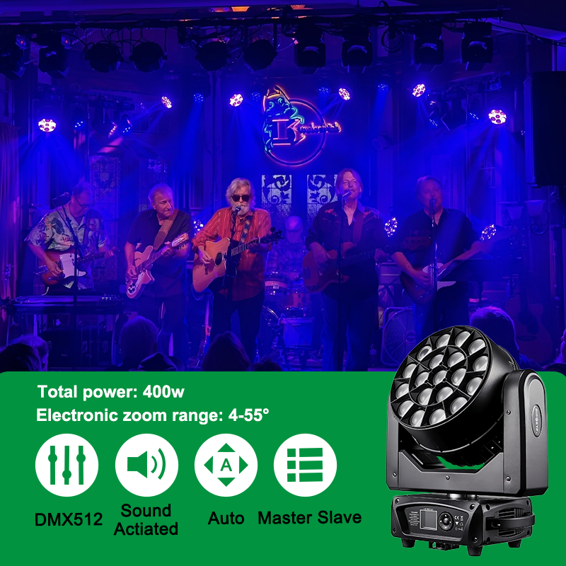 Igracelite 400W Bee Eye LED Moving Head Light 19x15W RGBW 4in1 Pixel Control Zoom Wash Beam Stage Lighting with Vortex Effects for DJ Club Event Performance