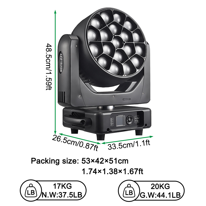 Igracelite 19x40W RGBW BEE EYE LED Moving Head Light 850W Pixel Control Beam Wash Stage Lighting with CTO Infinite Rotation Vortex Effect DMX512 Professional DJ Show Light
