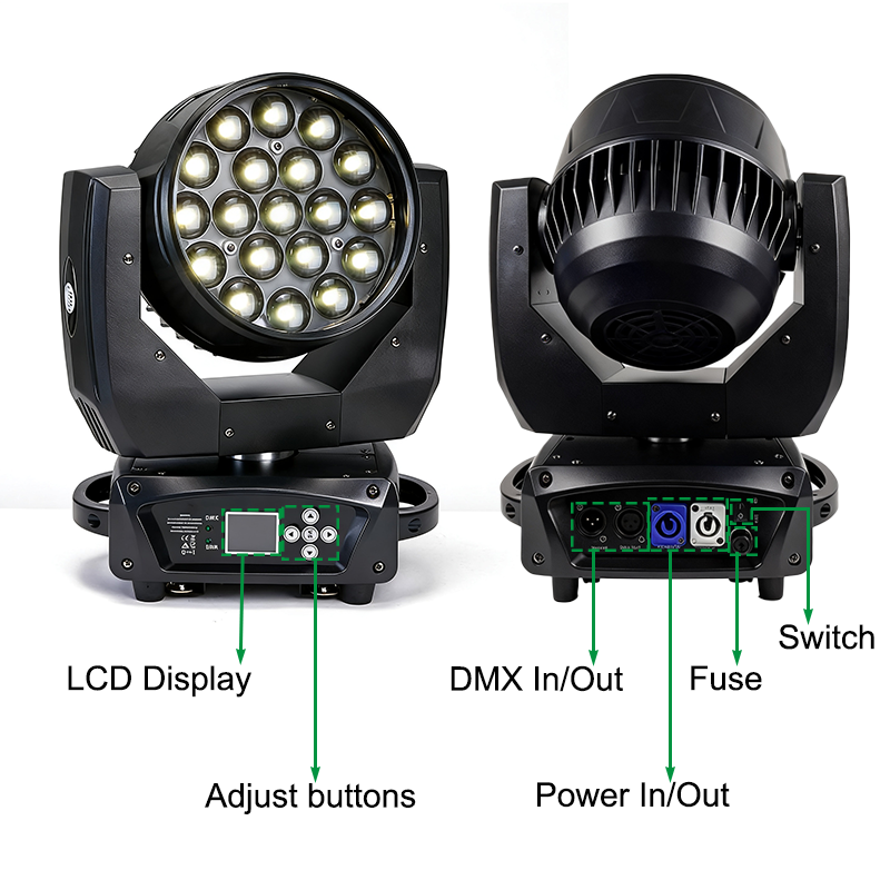 Igracelite 19×15W RGBW Wash LED Moving Head Light, DMX512 15/23CH Stage Lighting Fixture with Zoom, 540° Pan 280° Tilt, Strobe & Color Mixing