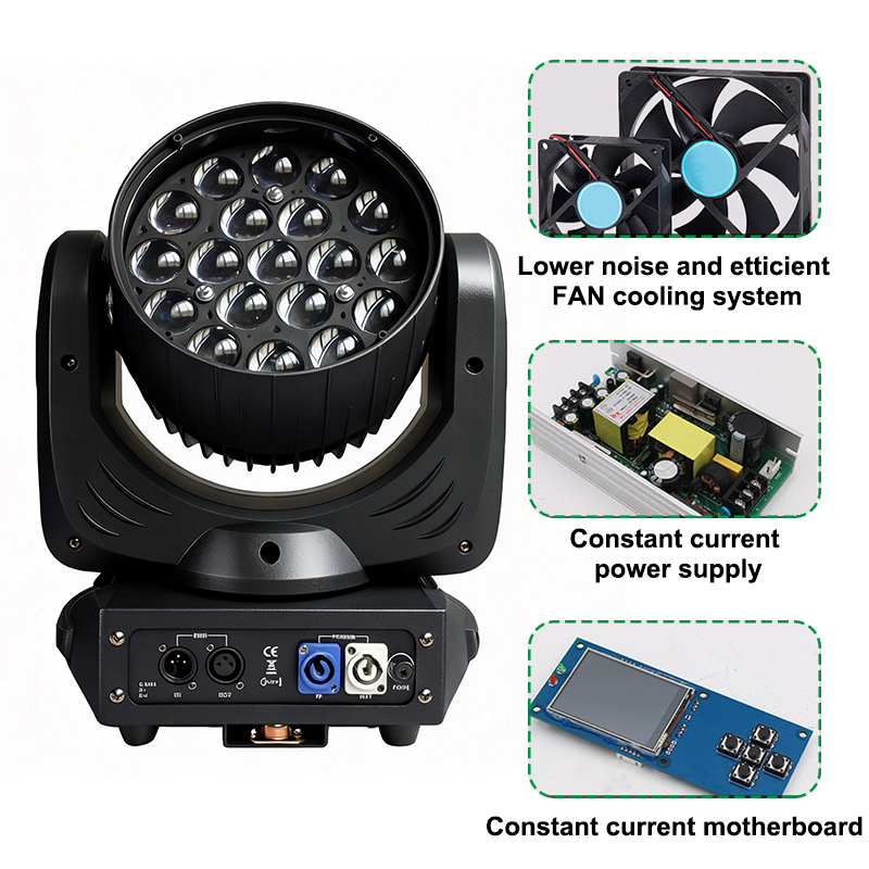 Igracelite 19×15W RGBW Wash LED Moving Head Light, DMX512 15/23CH Stage Lighting Fixture with Zoom, 540° Pan 280° Tilt, Strobe & Color Mixing