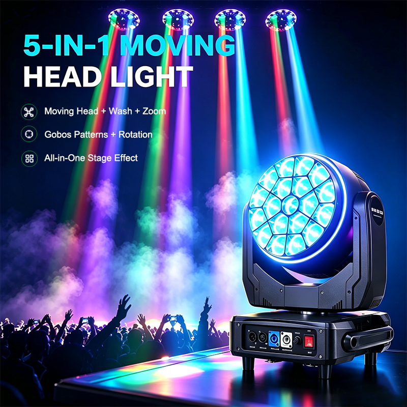 Igracelite 800W Zoom LED Moving Head, 19 RGBW + 52 RGB LEDs, Wash, Gobo & Rotation, DMX512/RDM for Stage & Events