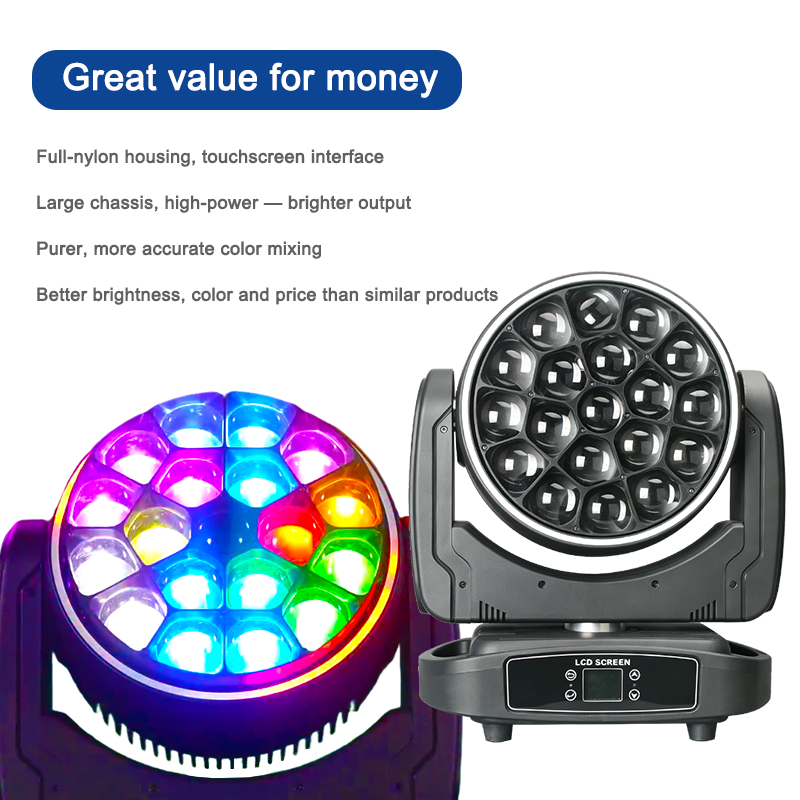 Igracelite 800W Zoom LED Moving Head, 19 RGBW + 52 RGB LEDs, Wash, Gobo & Rotation, DMX512/RDM for Stage & Events