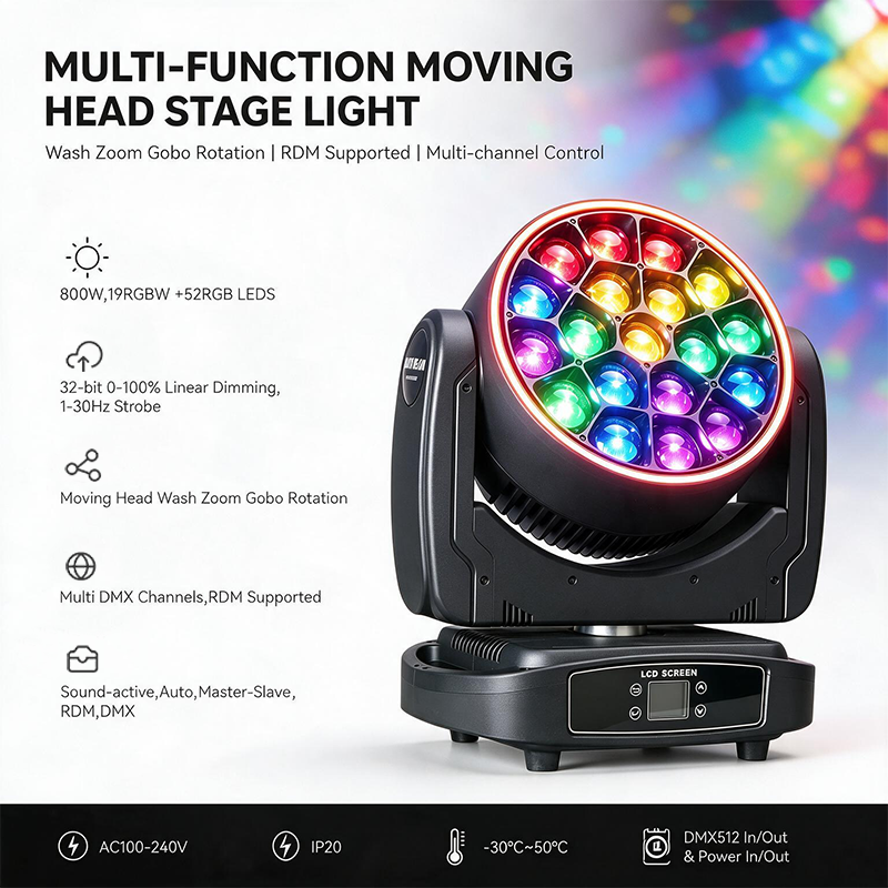 Igracelite 800W Zoom LED Moving Head, 19 RGBW + 52 RGB LEDs, Wash, Gobo & Rotation, DMX512/RDM for Stage & Events