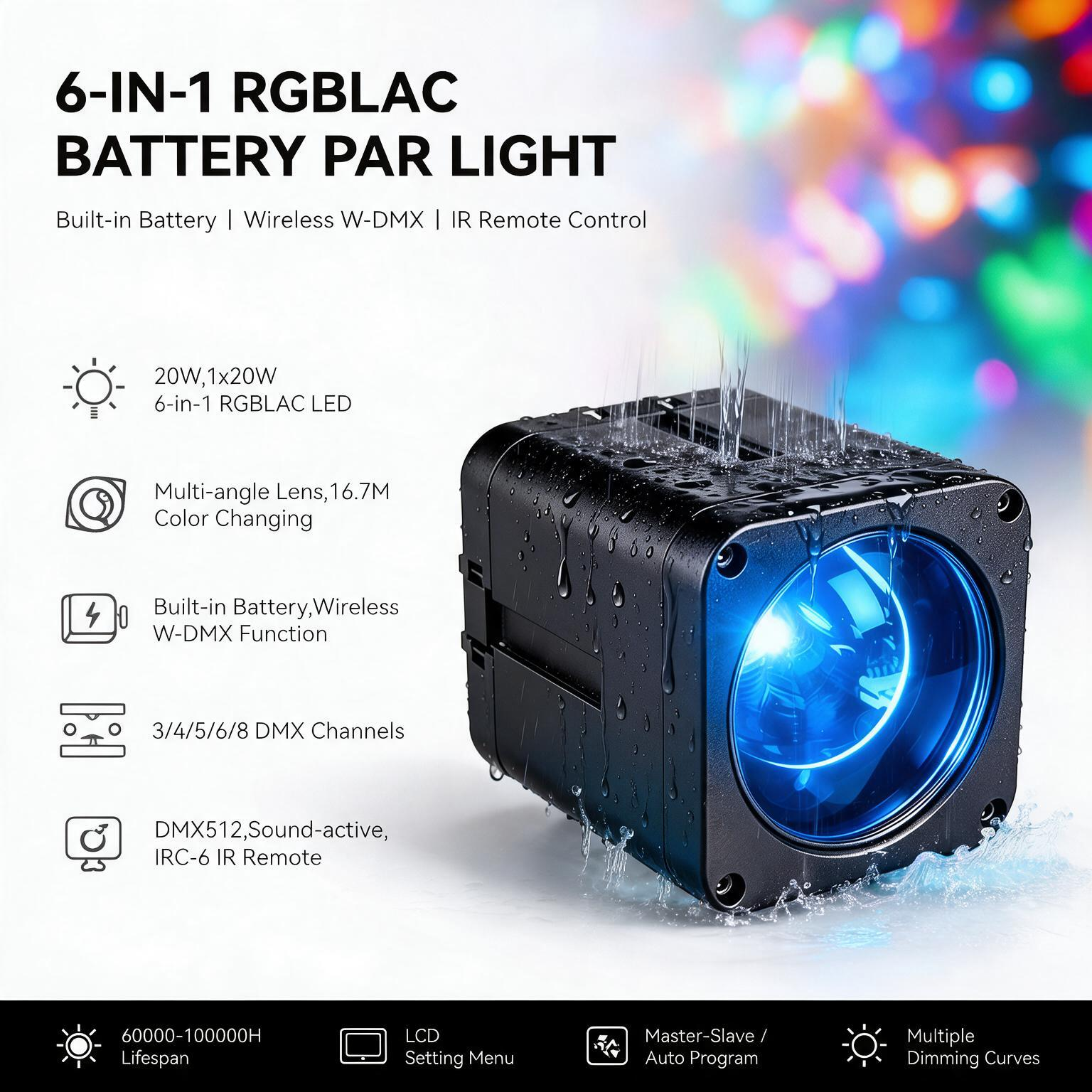 Igracelite 20W IP65 Battery-Powered LED Uplight with RGBWAUV 6-in-1 LED and DMX512 Control