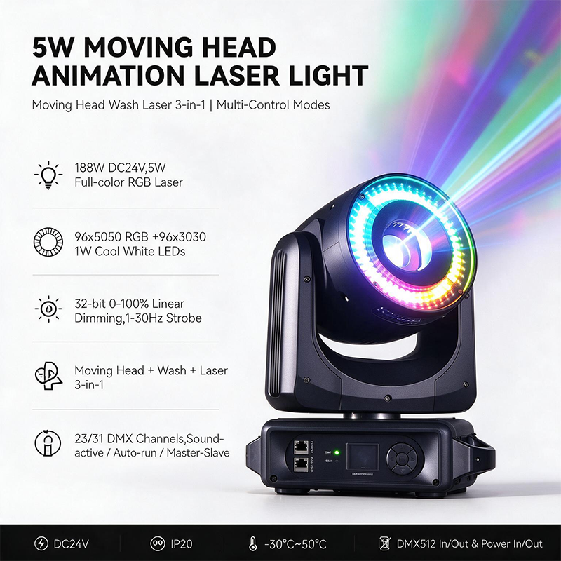 Igracelite 5W Moving Head Animation Laser Light with RGB and Cool White LED Wash for Indoor Stages and Clubs