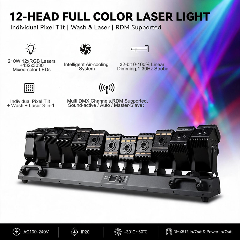 Igracelite 210W 12 Head Moving Head Laser with 12 RGB Lasers and LED Wash for Indoor Stages